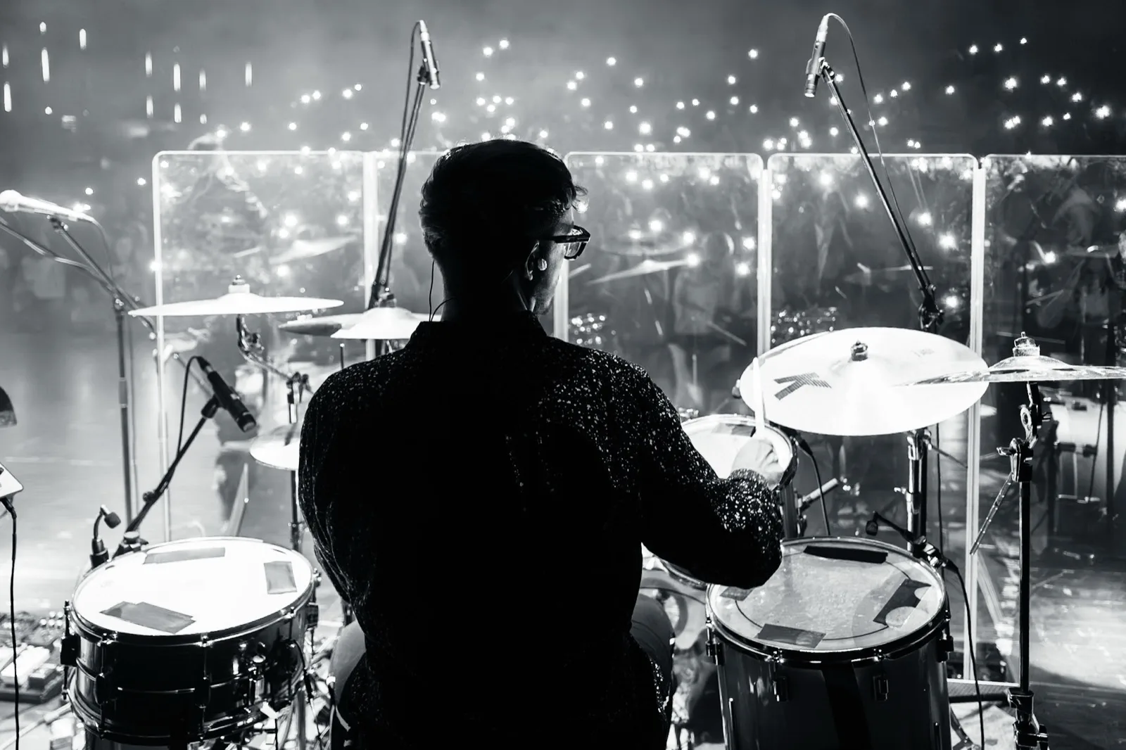 Drummer at the concert, black-and-white photograph
