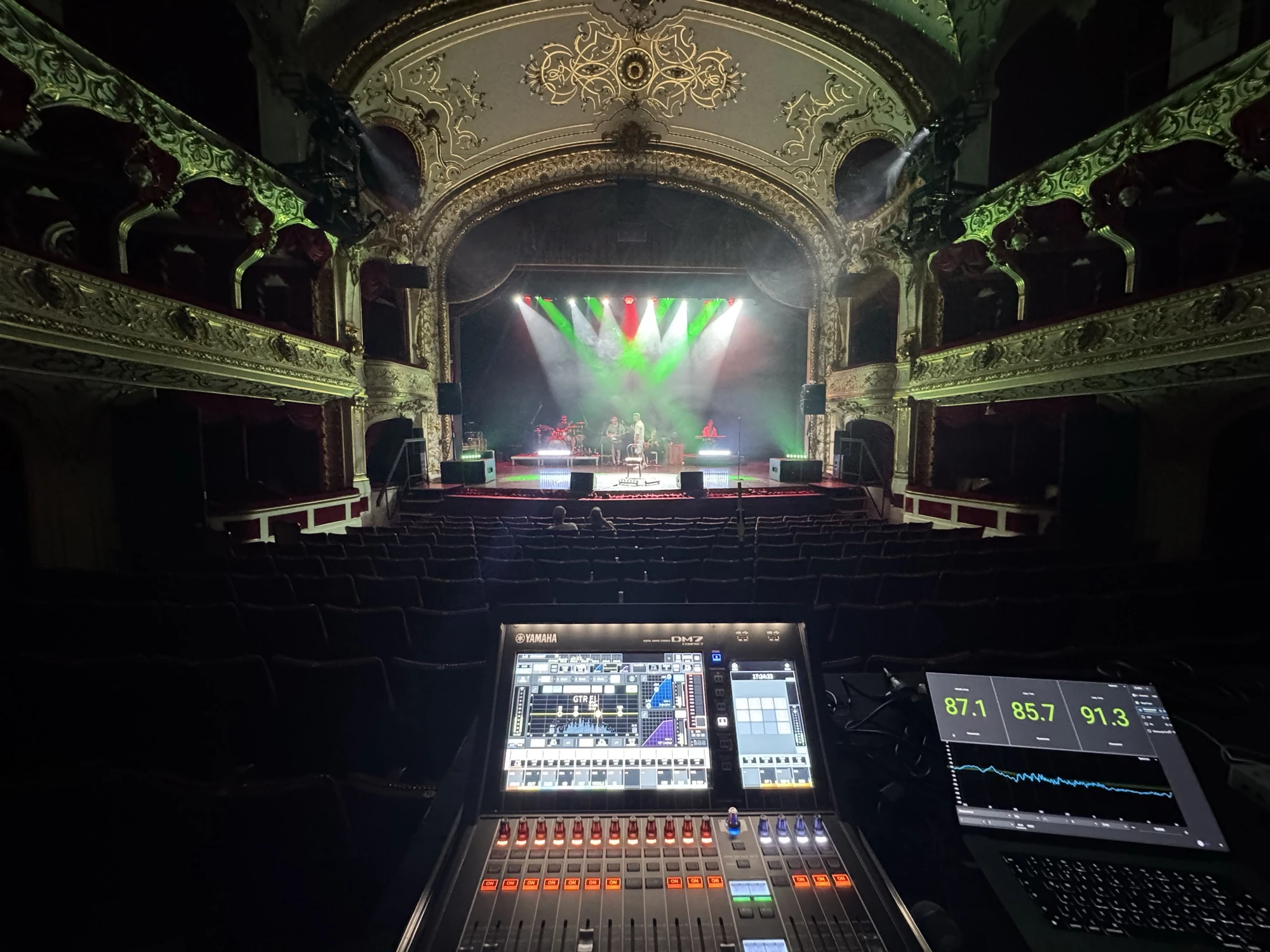 Yamaha DM7C FOH console in the ornate, gilded hall of the Kecskemét theatre